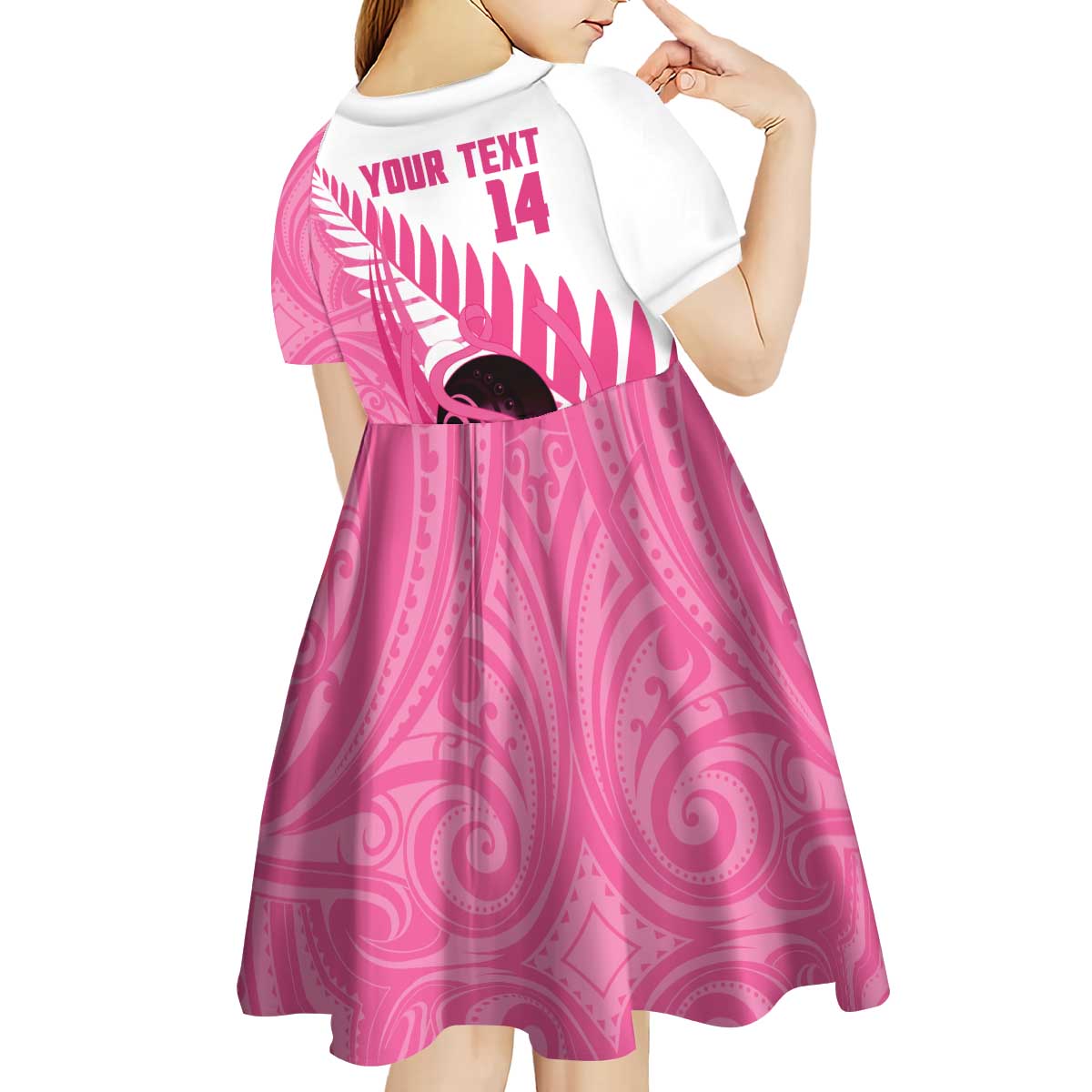 New Zealand Lawn Bowls Breast Cancer Custom Kid Short Sleeve Dress Aotearoa Maori Silver Fern Pink Ribbon - Polynesian Pride