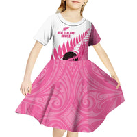 New Zealand Lawn Bowls Breast Cancer Custom Kid Short Sleeve Dress Aotearoa Maori Silver Fern Pink Ribbon - Polynesian Pride