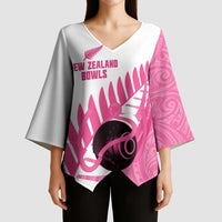 New Zealand Lawn Bowls Breast Cancer Custom Kimono Sleeve Blouse Aotearoa Maori Silver Fern Pink Ribbon - Polynesian Pride