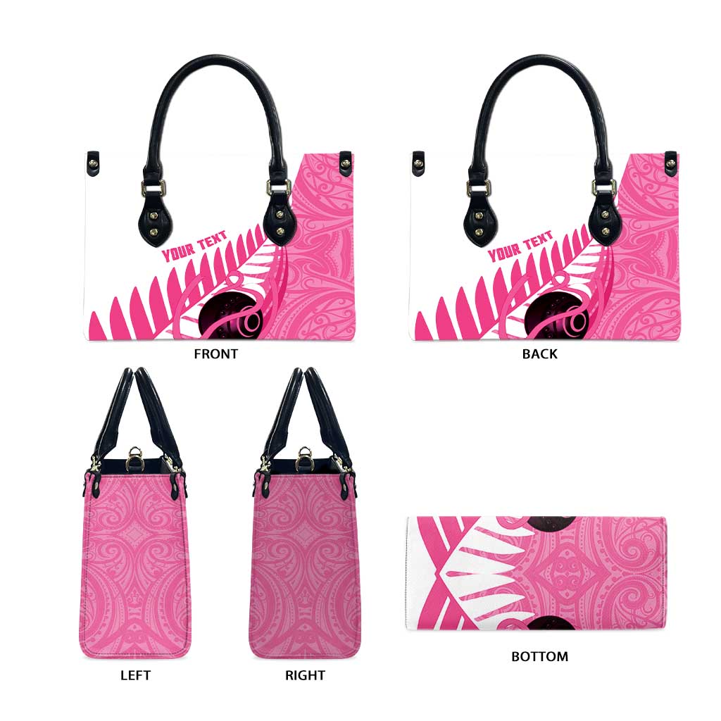 New Zealand Lawn Bowls Breast Cancer Custom Leather Bag Aotearoa Maori Silver Fern Pink Ribbon - Polynesian Pride