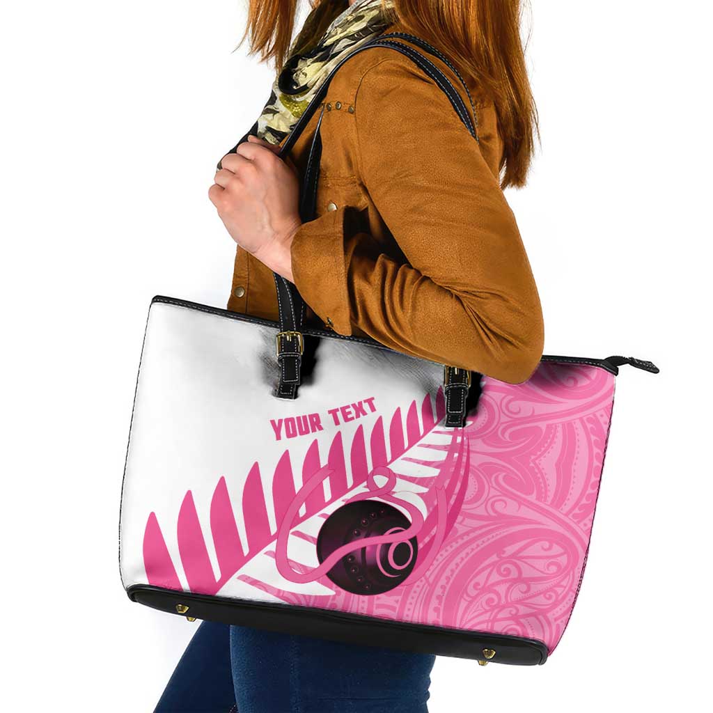 New Zealand Lawn Bowls Breast Cancer Custom Leather Tote Bag Aotearoa Maori Silver Fern Pink Ribbon - Polynesian Pride