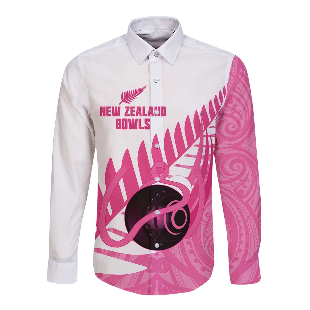 New Zealand Lawn Bowls Breast Cancer Custom Long Sleeve Button Shirt Aotearoa Maori Silver Fern Pink Ribbon - Polynesian Pride