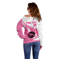 New Zealand Lawn Bowls Breast Cancer Custom Off Shoulder Sweater Aotearoa Maori Silver Fern Pink Ribbon - Polynesian Pride