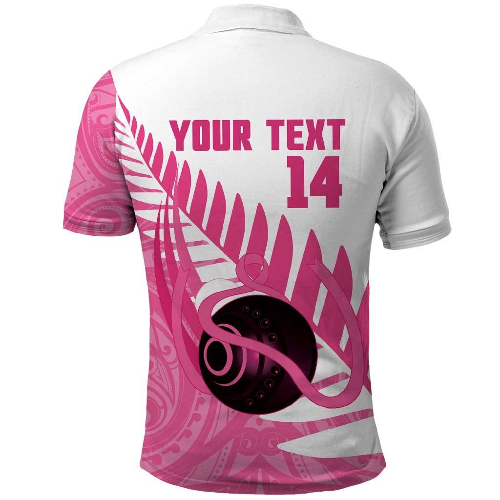 New Zealand Lawn Bowls Breast Cancer Custom Polo Shirt Aotearoa Maori Silver Fern Pink Ribbon - Polynesian Pride