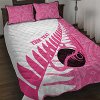 New Zealand Lawn Bowls Breast Cancer Custom Quilt Bed Set Aotearoa Maori Silver Fern Pink Ribbon - Polynesian Pride