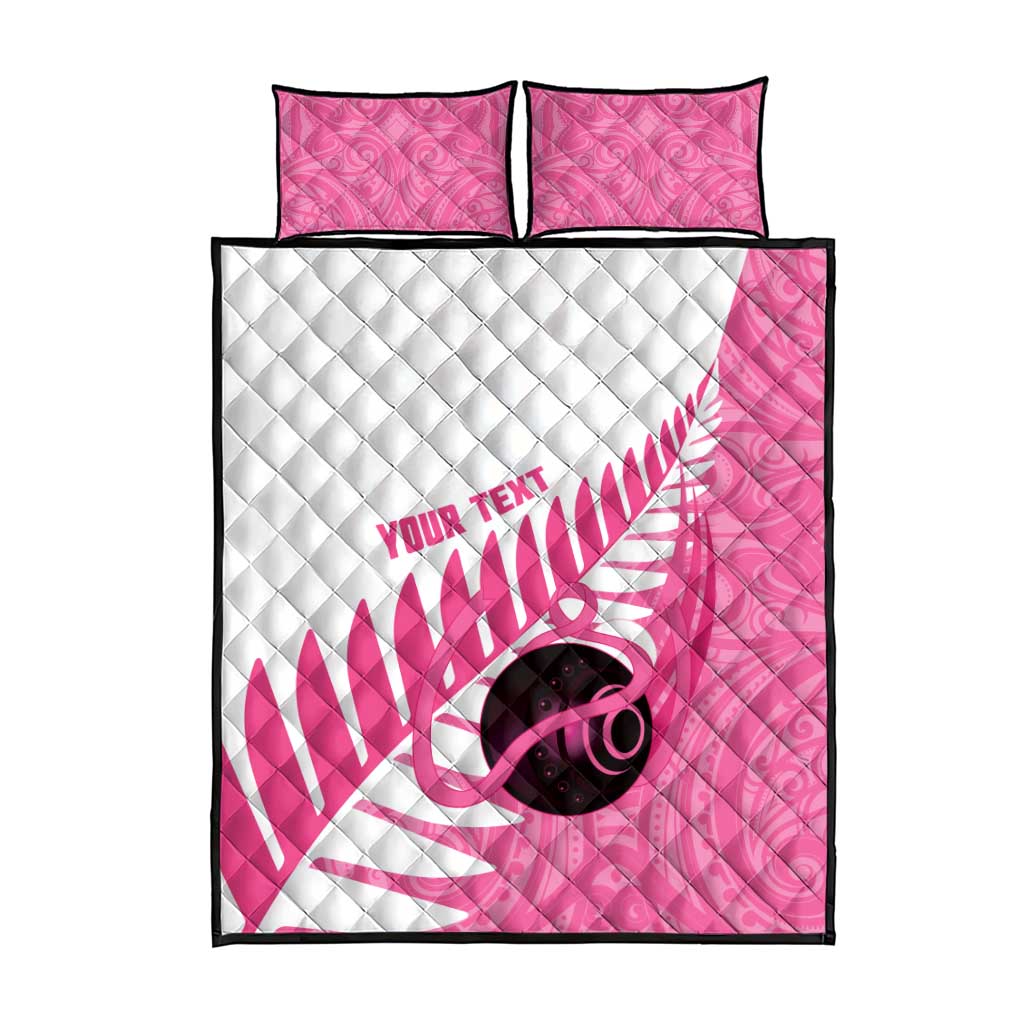 New Zealand Lawn Bowls Breast Cancer Custom Quilt Bed Set Aotearoa Maori Silver Fern Pink Ribbon - Polynesian Pride