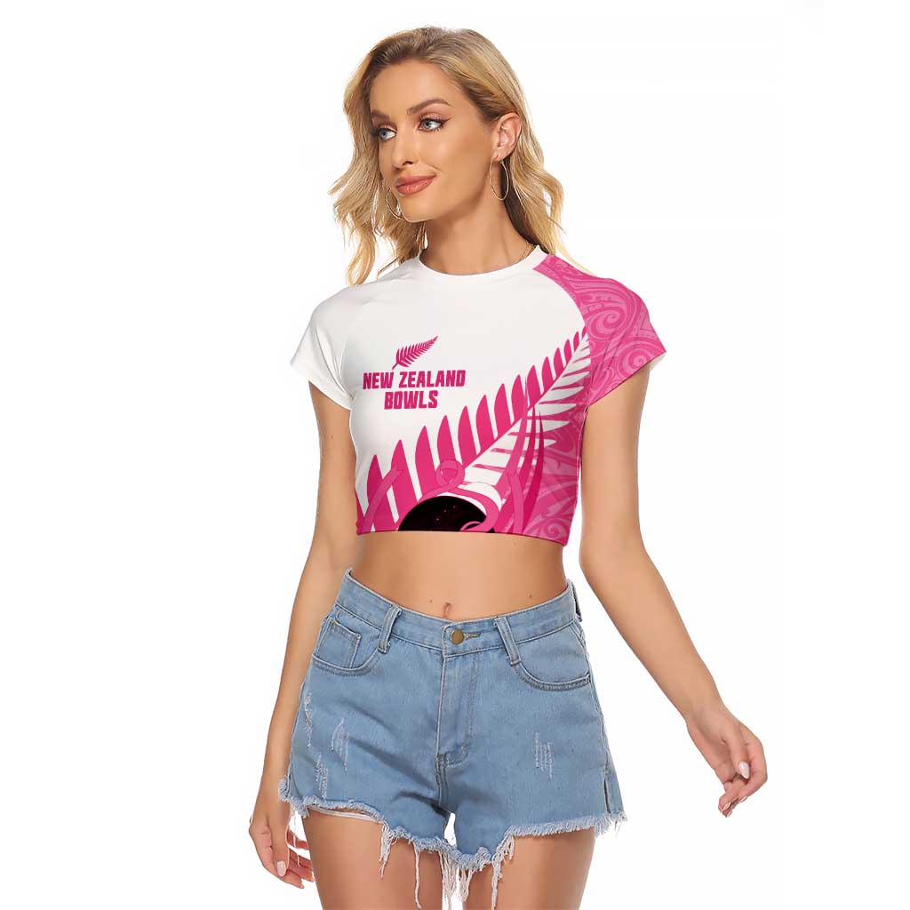 New Zealand Lawn Bowls Breast Cancer Custom Raglan Cropped T Shirt Aotearoa Maori Silver Fern Pink Ribbon - Polynesian Pride