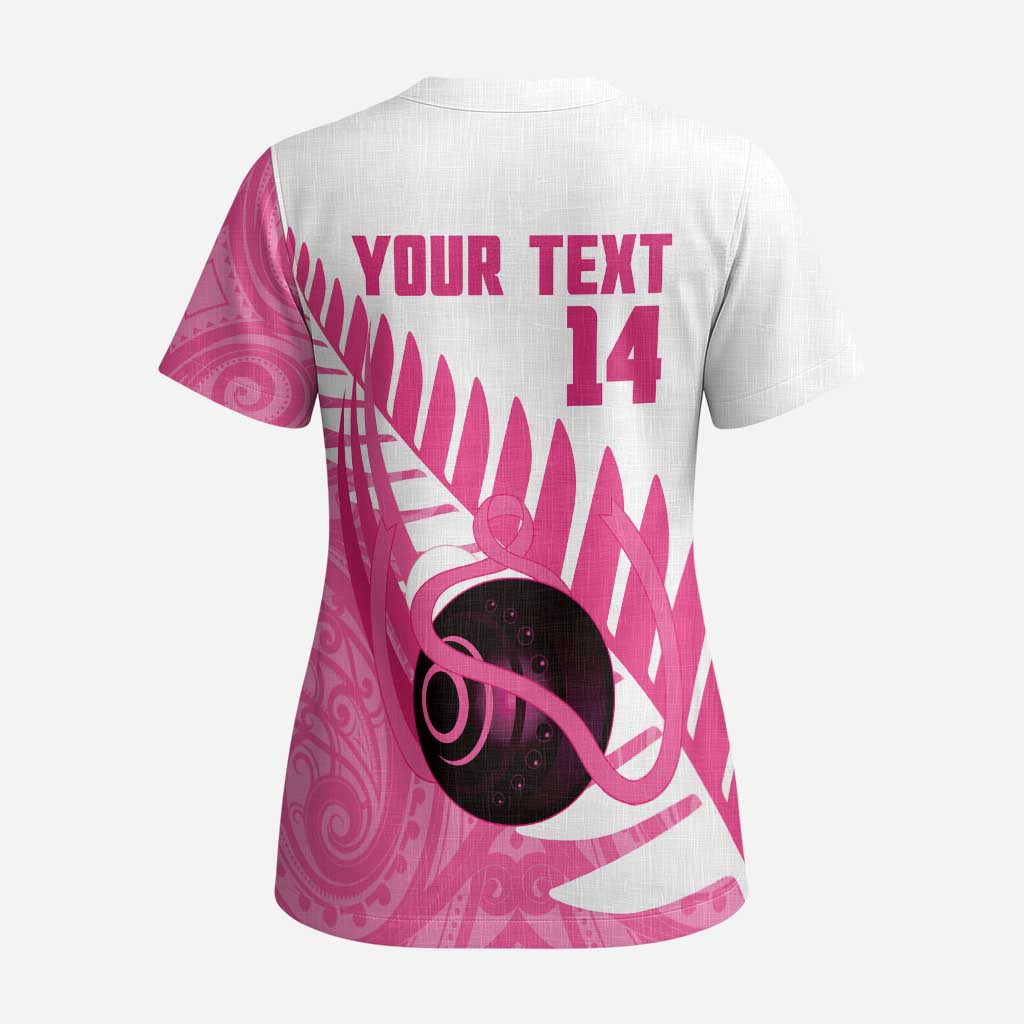 New Zealand Lawn Bowls Breast Cancer Custom Scrub Top Aotearoa Maori Silver Fern Pink Ribbon LT14 - Polynesian Pride
