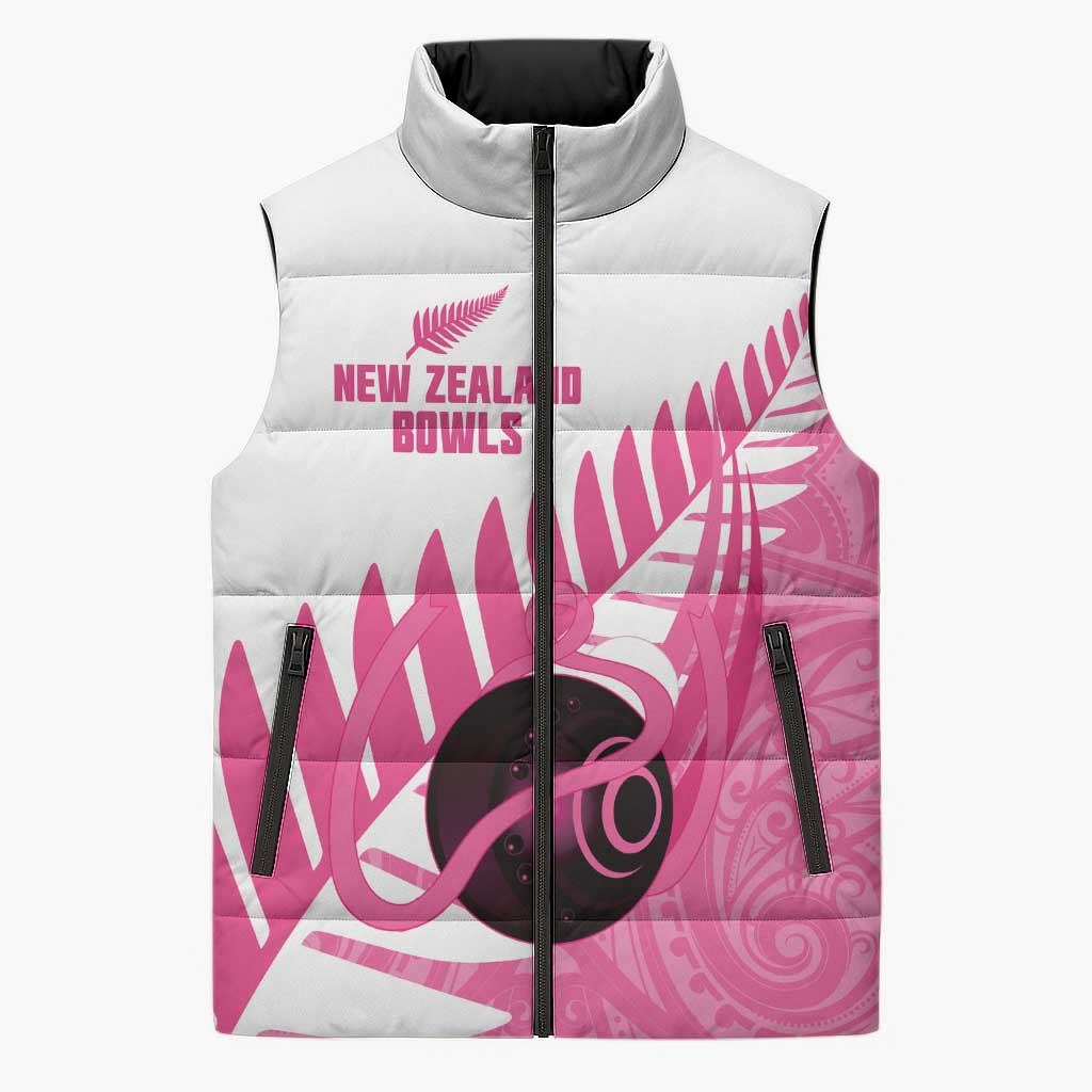 New Zealand Lawn Bowls Breast Cancer Custom Sleeveless Puffer Jacket Aotearoa Maori Silver Fern Pink Ribbon - Polynesian Pride