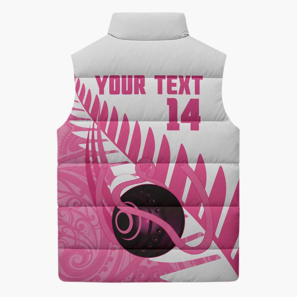 New Zealand Lawn Bowls Breast Cancer Custom Sleeveless Puffer Jacket Aotearoa Maori Silver Fern Pink Ribbon LT14 - Polynesian Pride