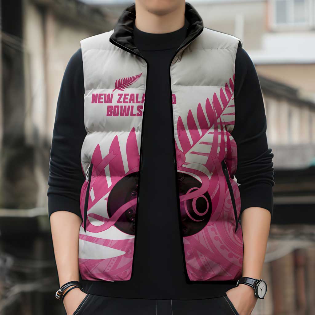 New Zealand Lawn Bowls Breast Cancer Custom Sleeveless Puffer Jacket Aotearoa Maori Silver Fern Pink Ribbon LT14 - Polynesian Pride