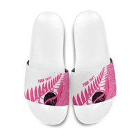 New Zealand Lawn Bowls Breast Cancer Custom Slide Sandals Aotearoa Maori Silver Fern Pink Ribbon - Polynesian Pride