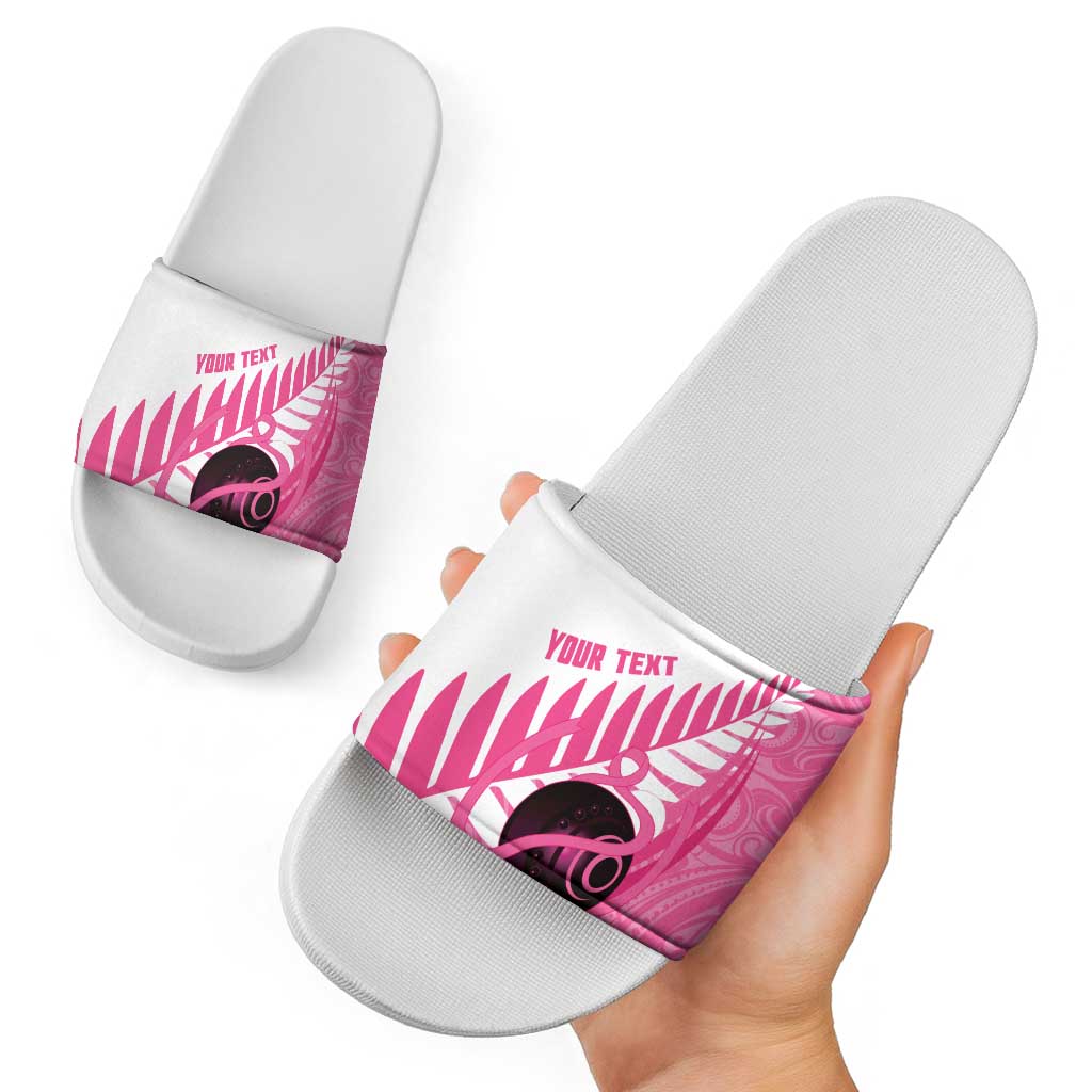 New Zealand Lawn Bowls Breast Cancer Custom Slide Sandals Aotearoa Maori Silver Fern Pink Ribbon - Polynesian Pride