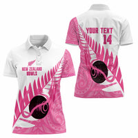 New Zealand Lawn Bowls Breast Cancer Custom Women Polo Shirt Aotearoa Maori Silver Fern Pink Ribbon - Polynesian Pride
