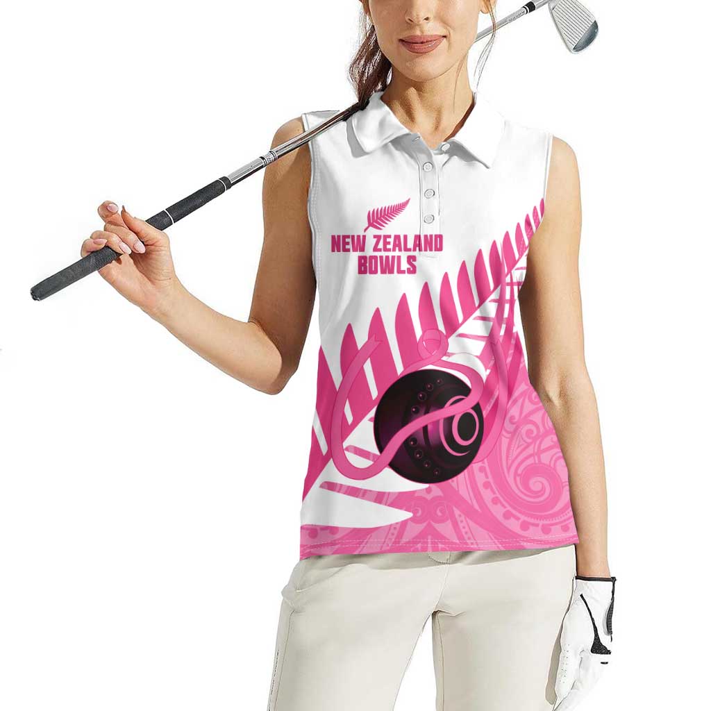 New Zealand Lawn Bowls Breast Cancer Custom Women Sleeveless Polo Shirt Aotearoa Maori Silver Fern Pink Ribbon - Polynesian Pride