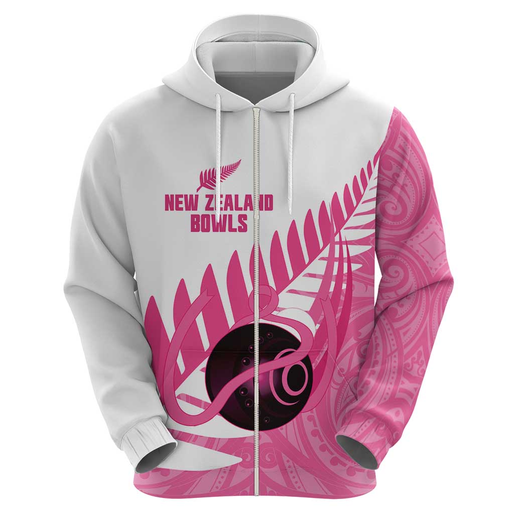 New Zealand Lawn Bowls Breast Cancer Custom Zip Hoodie Aotearoa Maori Silver Fern Pink Ribbon - Polynesian Pride