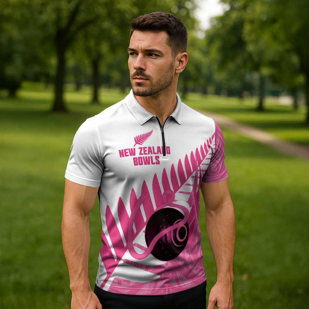 New Zealand Lawn Bowls Breast Cancer Custom Zipper Polo Shirt Aotearoa Maori Silver Fern Pink Ribbon - Polynesian Pride
