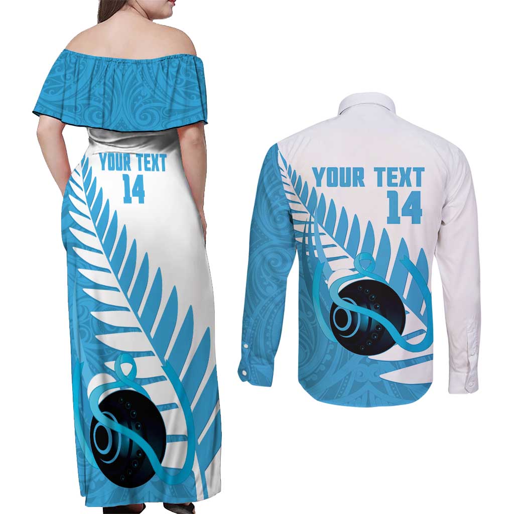 New Zealand Lawn Bowls Prostate Cancer Custom Couples Matching Off Shoulder Maxi Dress and Long Sleeve Button Shirt Aotearoa Maori Silver Fern Blue Ribbon - Polynesian Pride