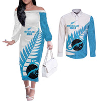 New Zealand Lawn Bowls Prostate Cancer Custom Couples Matching Off The Shoulder Long Sleeve Dress and Long Sleeve Button Shirt Aotearoa Maori Silver Fern Blue Ribbon - Polynesian Pride