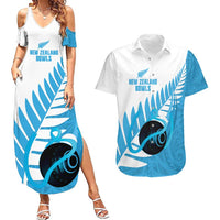 New Zealand Lawn Bowls Prostate Cancer Custom Couples Matching Summer Maxi Dress and Hawaiian Shirt Aotearoa Maori Silver Fern Blue Ribbon - Polynesian Pride