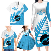 New Zealand Lawn Bowls Prostate Cancer Custom Family Matching Long Sleeve Bodycon Dress and Hawaiian Shirt Aotearoa Maori Silver Fern Blue Ribbon - Polynesian Pride