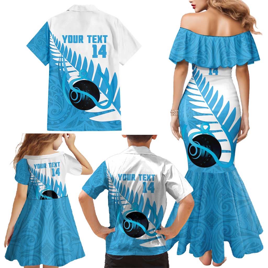 New Zealand Lawn Bowls Prostate Cancer Custom Family Matching Mermaid Dress and Hawaiian Shirt Aotearoa Maori Silver Fern Blue Ribbon - Polynesian Pride