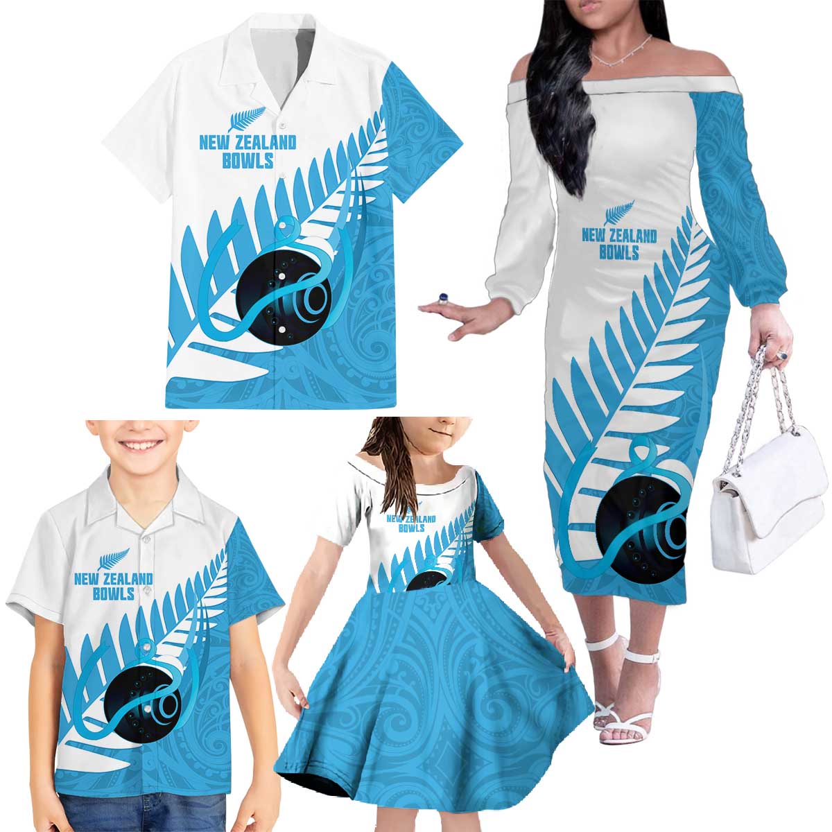 New Zealand Lawn Bowls Prostate Cancer Custom Family Matching Off The Shoulder Long Sleeve Dress and Hawaiian Shirt Aotearoa Maori Silver Fern Blue Ribbon - Polynesian Pride