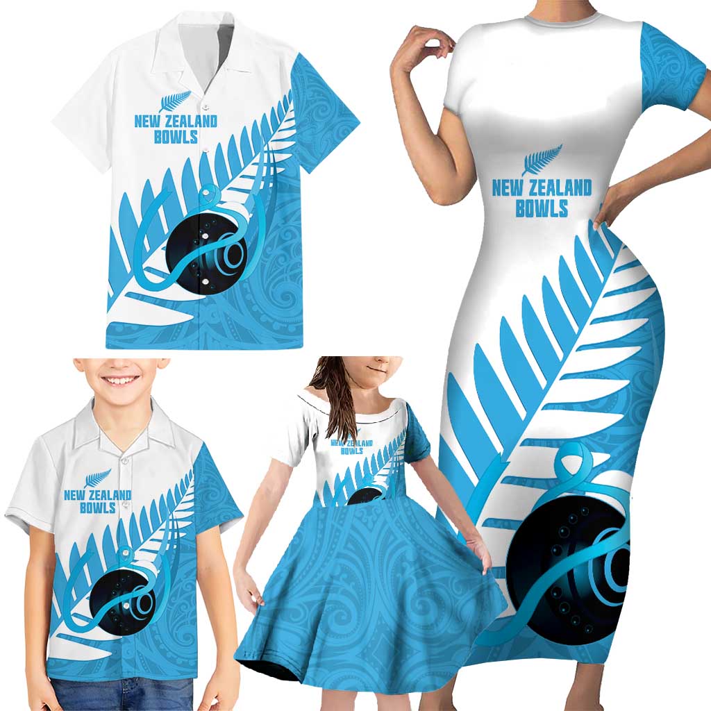 New Zealand Lawn Bowls Prostate Cancer Custom Family Matching Short Sleeve Bodycon Dress and Hawaiian Shirt Aotearoa Maori Silver Fern Blue Ribbon - Polynesian Pride