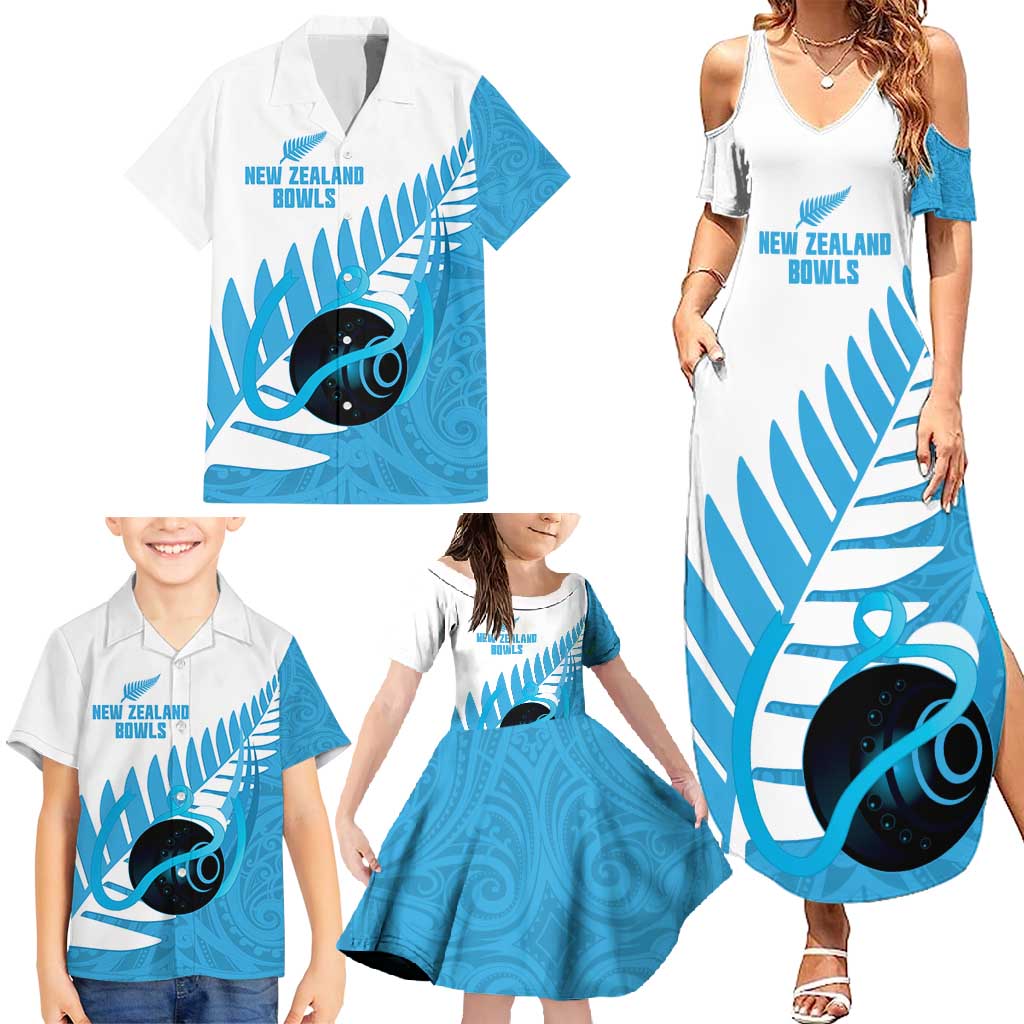 New Zealand Lawn Bowls Prostate Cancer Custom Family Matching Summer Maxi Dress and Hawaiian Shirt Aotearoa Maori Silver Fern Blue Ribbon - Polynesian Pride