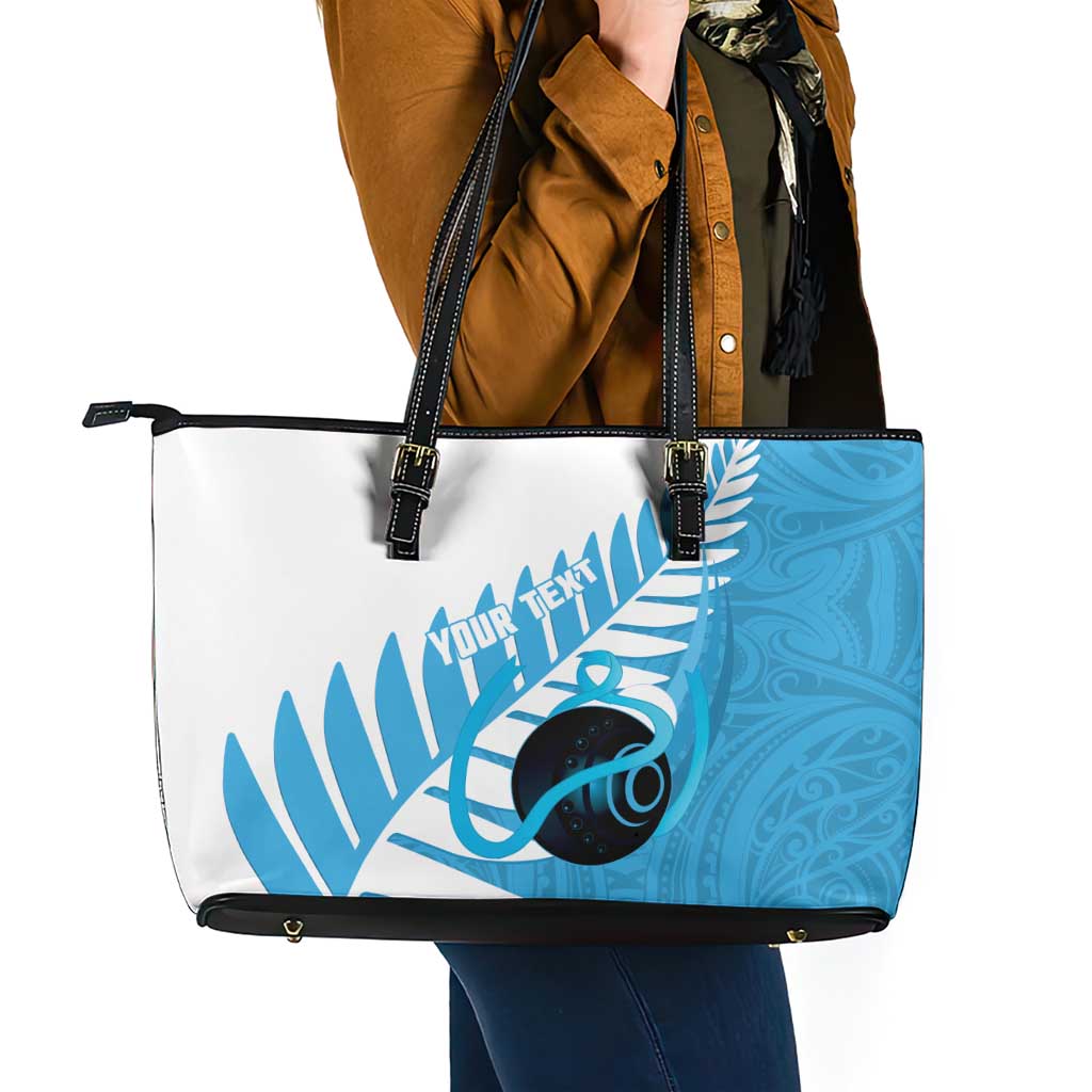 New Zealand Lawn Bowls Prostate Cancer Custom Leather Tote Bag Aotearoa Maori Silver Fern Blue Ribbon - Polynesian Pride