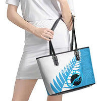 New Zealand Lawn Bowls Prostate Cancer Custom Leather Tote Bag Aotearoa Maori Silver Fern Blue Ribbon - Polynesian Pride