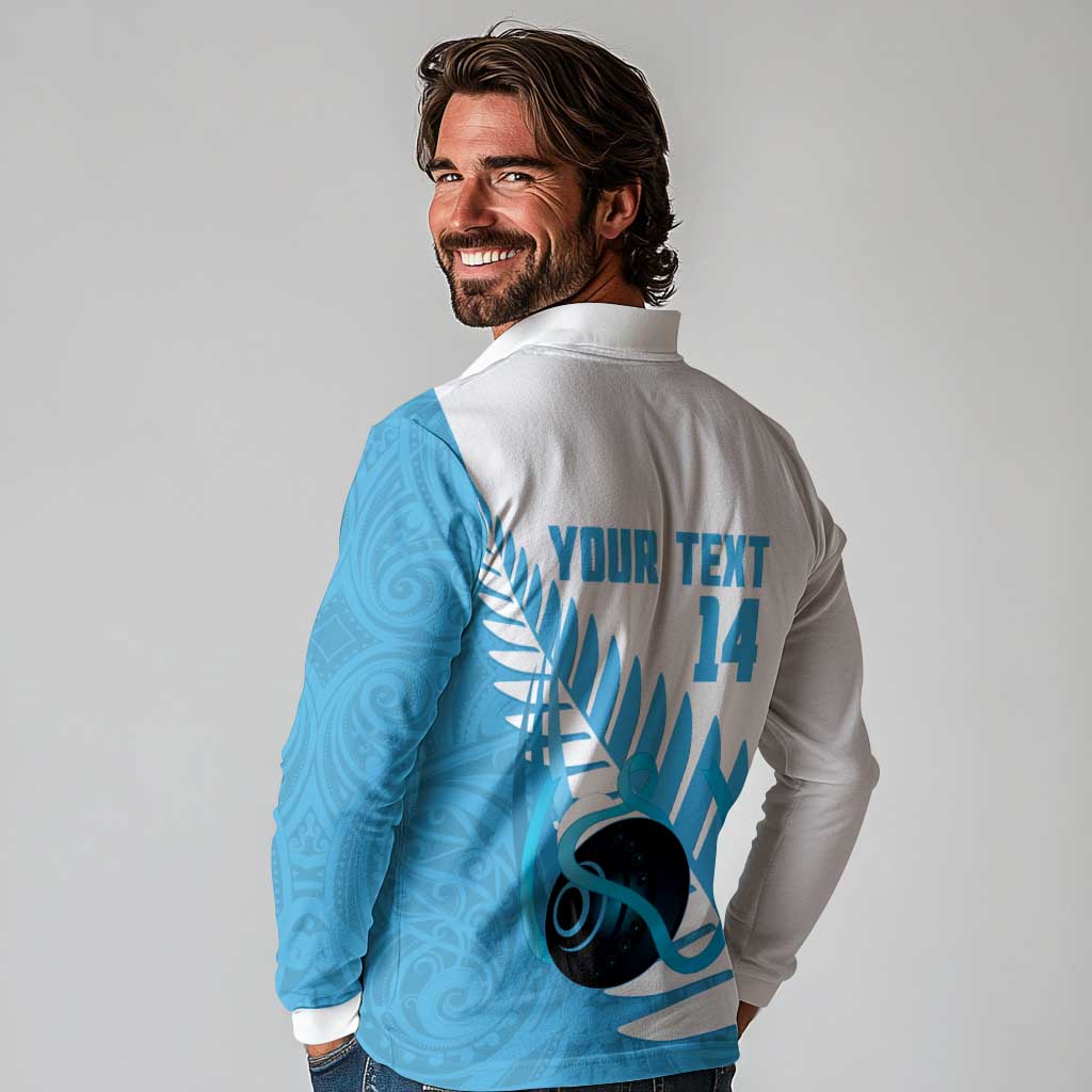 New Zealand Lawn Bowls Prostate Cancer Custom Long Sleeve Polo Shirt Aotearoa Maori Silver Fern Blue Ribbon - Polynesian Pride