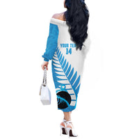 New Zealand Lawn Bowls Prostate Cancer Custom Off The Shoulder Long Sleeve Dress Aotearoa Maori Silver Fern Blue Ribbon - Polynesian Pride