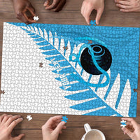 New Zealand Lawn Bowls Prostate Cancer Custom Puzzle Aotearoa Maori Silver Fern Blue Ribbon - Polynesian Pride