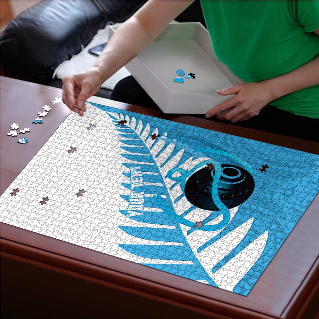 New Zealand Lawn Bowls Prostate Cancer Custom Puzzle Aotearoa Maori Silver Fern Blue Ribbon - Polynesian Pride