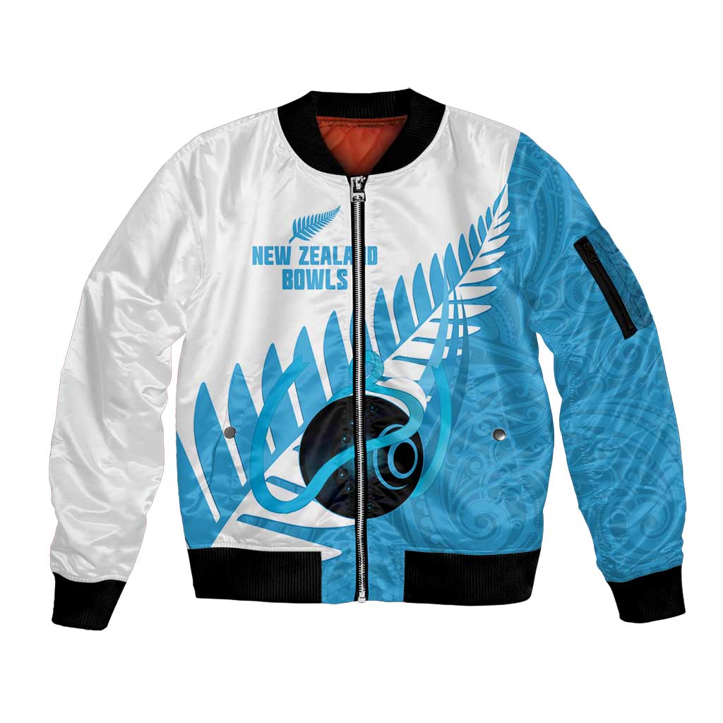 New Zealand Lawn Bowls Prostate Cancer Custom Sleeve Zip Bomber Jacket Aotearoa Maori Silver Fern Blue Ribbon - Polynesian Pride