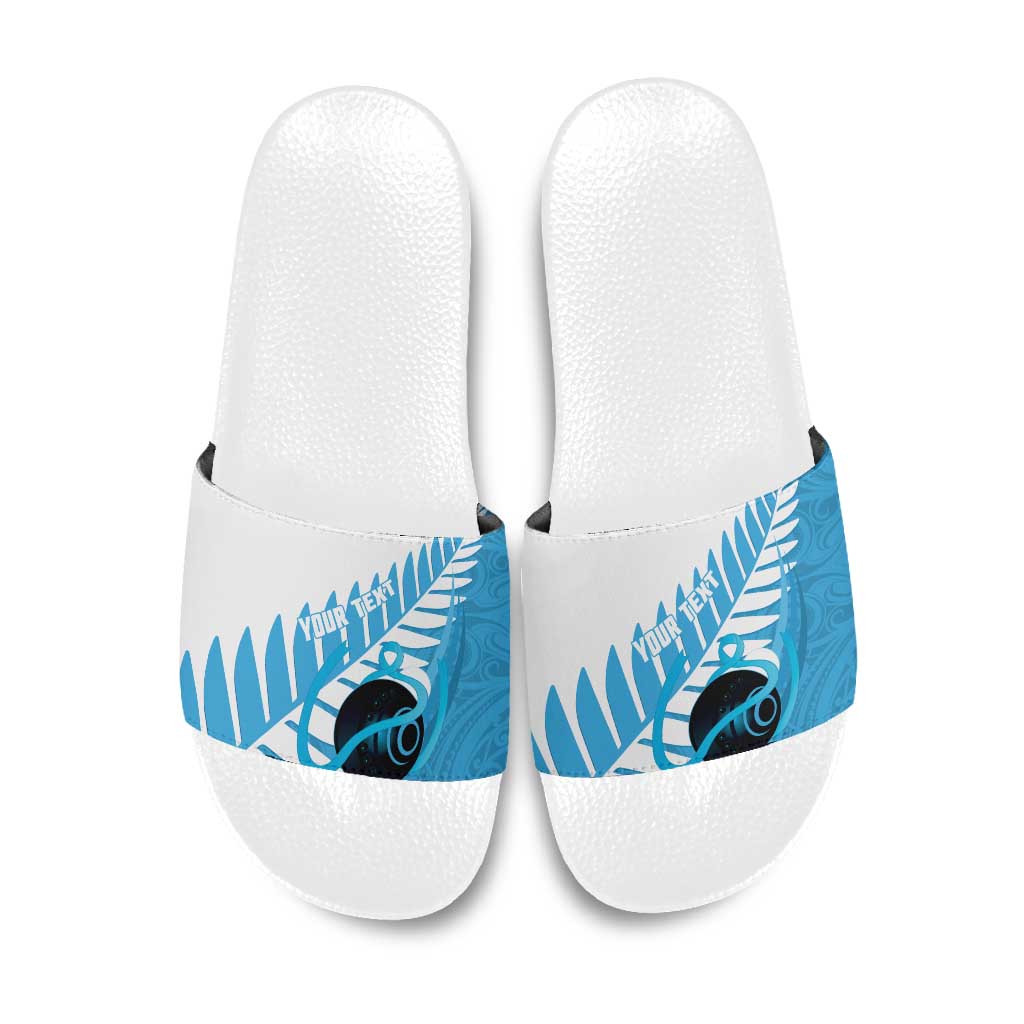 New Zealand Lawn Bowls Prostate Cancer Custom Slide Sandals Aotearoa Maori Silver Fern Blue Ribbon - Polynesian Pride