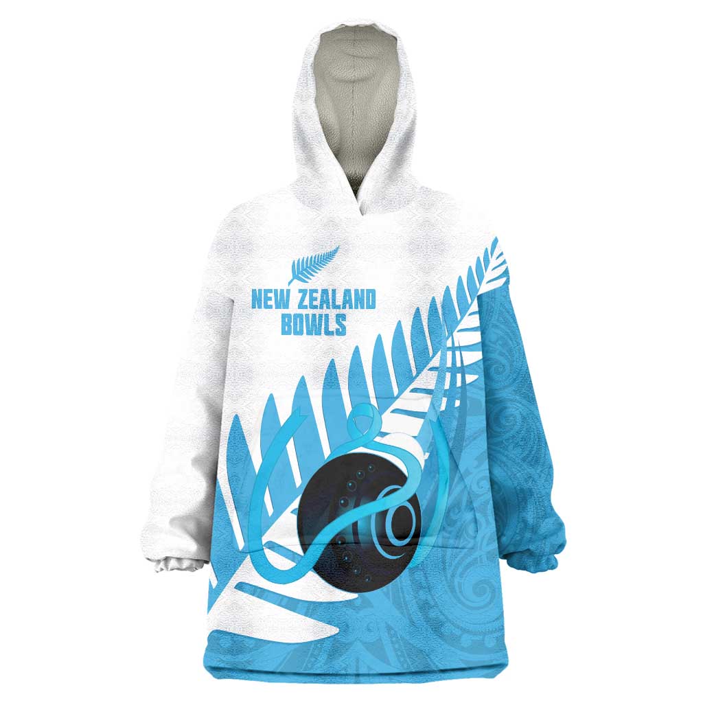 New Zealand Lawn Bowls Prostate Cancer Custom Wearable Blanket Hoodie Aotearoa Maori Silver Fern Blue Ribbon - Polynesian Pride