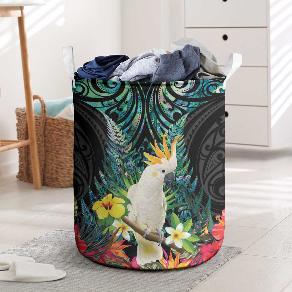 Sulphur-crested Cockatoo New Zealand Laundry Basket Paua Shell Aotearoa Maori Tropical Flowers - Polynesian Pride
