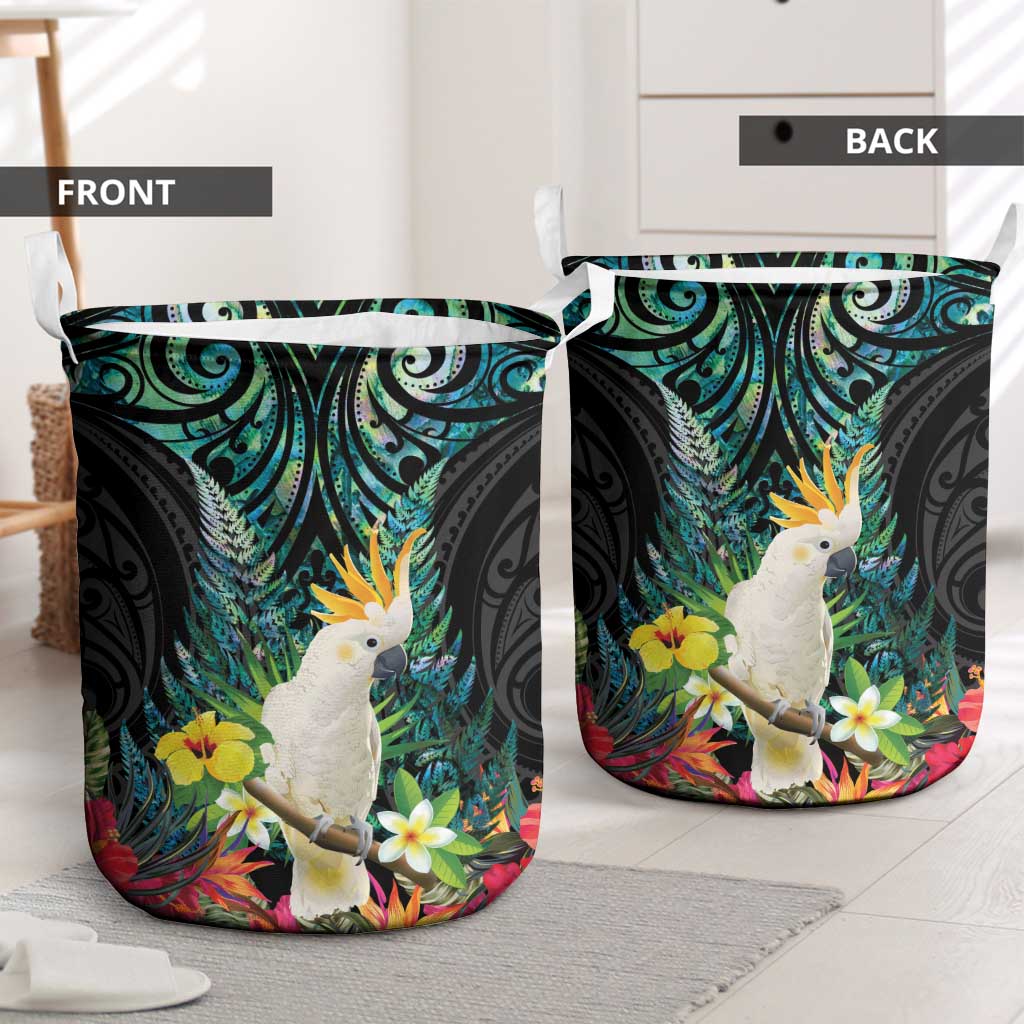 Sulphur-crested Cockatoo New Zealand Laundry Basket Paua Shell Aotearoa Maori Tropical Flowers - Polynesian Pride
