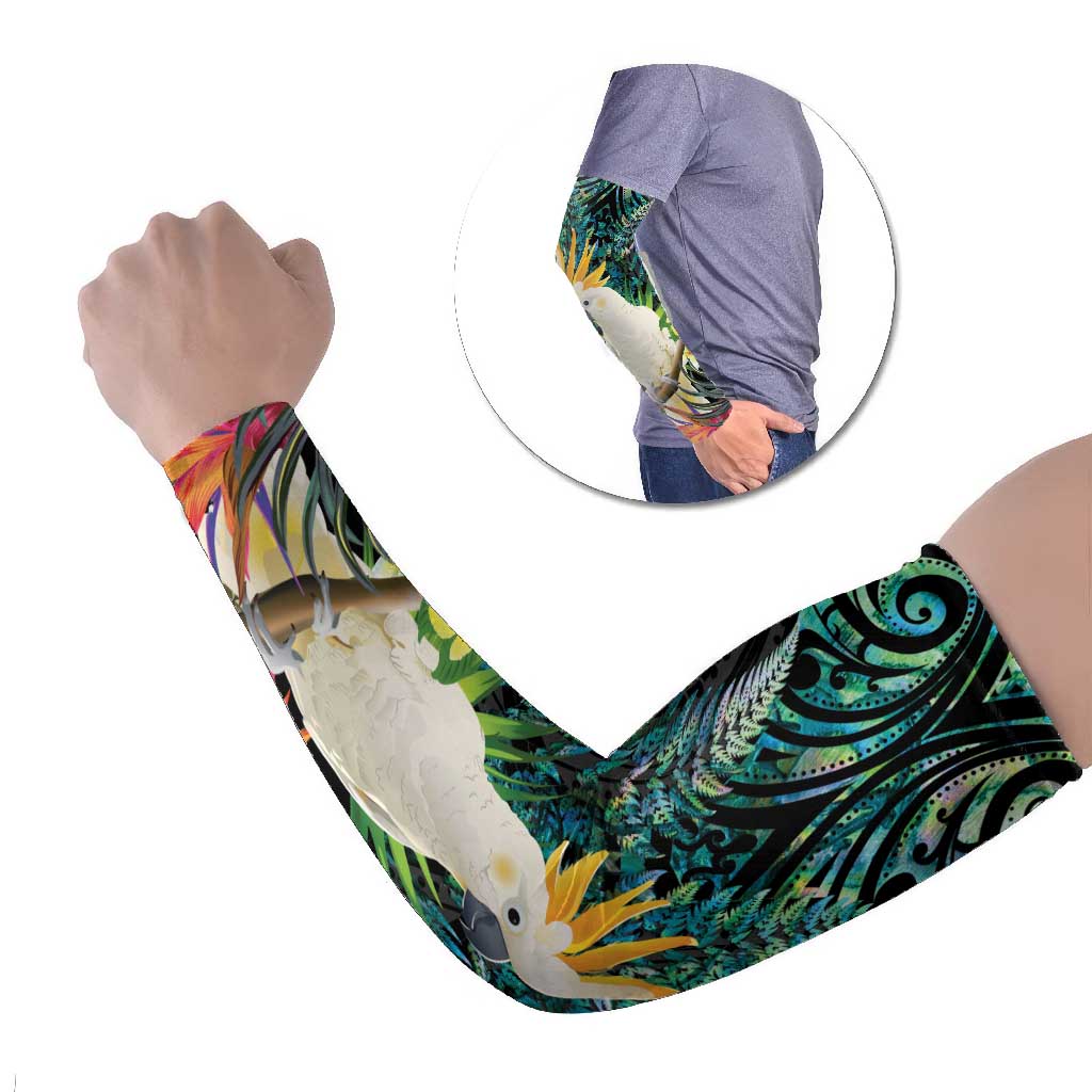 Sulphur-crested Cockatoo New Zealand Arm Sleeves Paua Shell Aotearoa Maori Tropical Flowers - Polynesian Pride