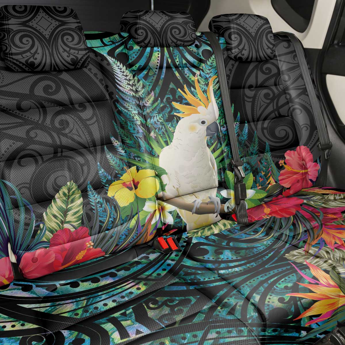 Sulphur-crested Cockatoo New Zealand Back Car Seat Cover Paua Shell Aotearoa Maori Tropical Flowers - Polynesian Pride