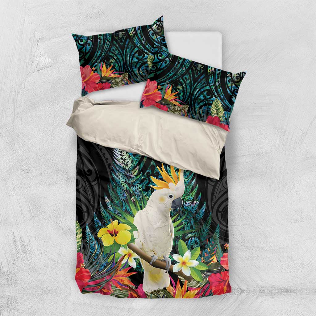 Sulphur-crested Cockatoo New Zealand Bedding Set Paua Shell Aotearoa Maori Tropical Flowers - Polynesian Pride