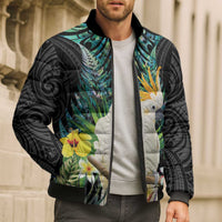 Sulphur-crested Cockatoo New Zealand Bomber Puffer Jacket Paua Shell Aotearoa Maori Tropical Flowers - Polynesian Pride