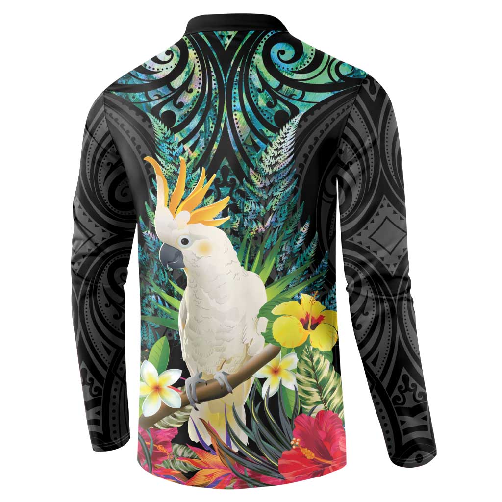Sulphur-crested Cockatoo New Zealand Button Sweatshirt Paua Shell Aotearoa Maori Tropical Flowers - Polynesian Pride
