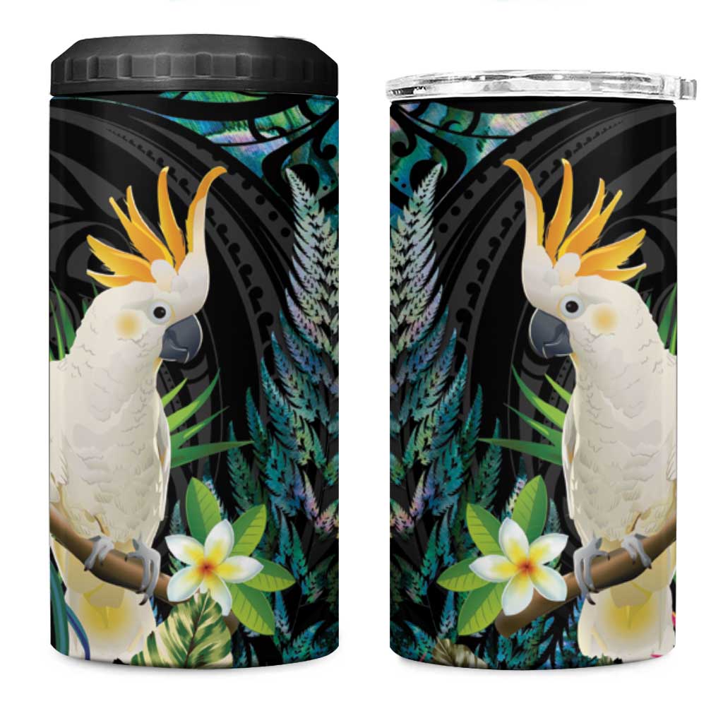 Sulphur-crested Cockatoo New Zealand 4 in 1 Can Cooler Tumbler Paua Shell Aotearoa Maori Tropical Flowers - Polynesian Pride