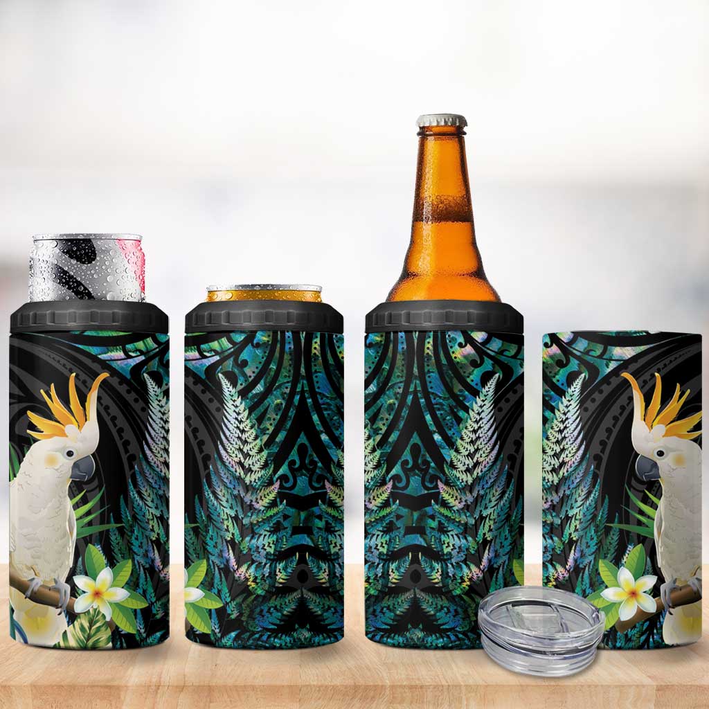 Sulphur-crested Cockatoo New Zealand 4 in 1 Can Cooler Tumbler Paua Shell Aotearoa Maori Tropical Flowers - Polynesian Pride