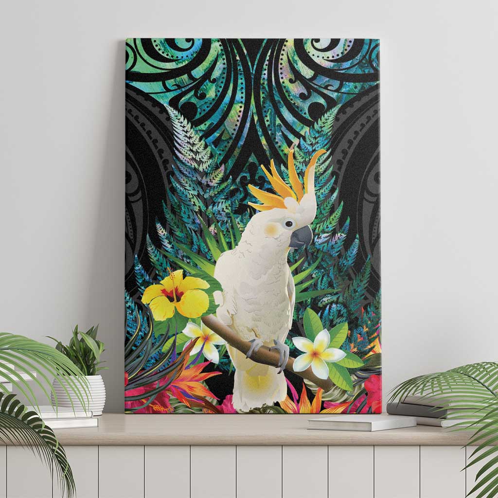Sulphur-crested Cockatoo New Zealand Canvas Wall Art Paua Shell Aotearoa Maori Tropical Flowers - Polynesian Pride