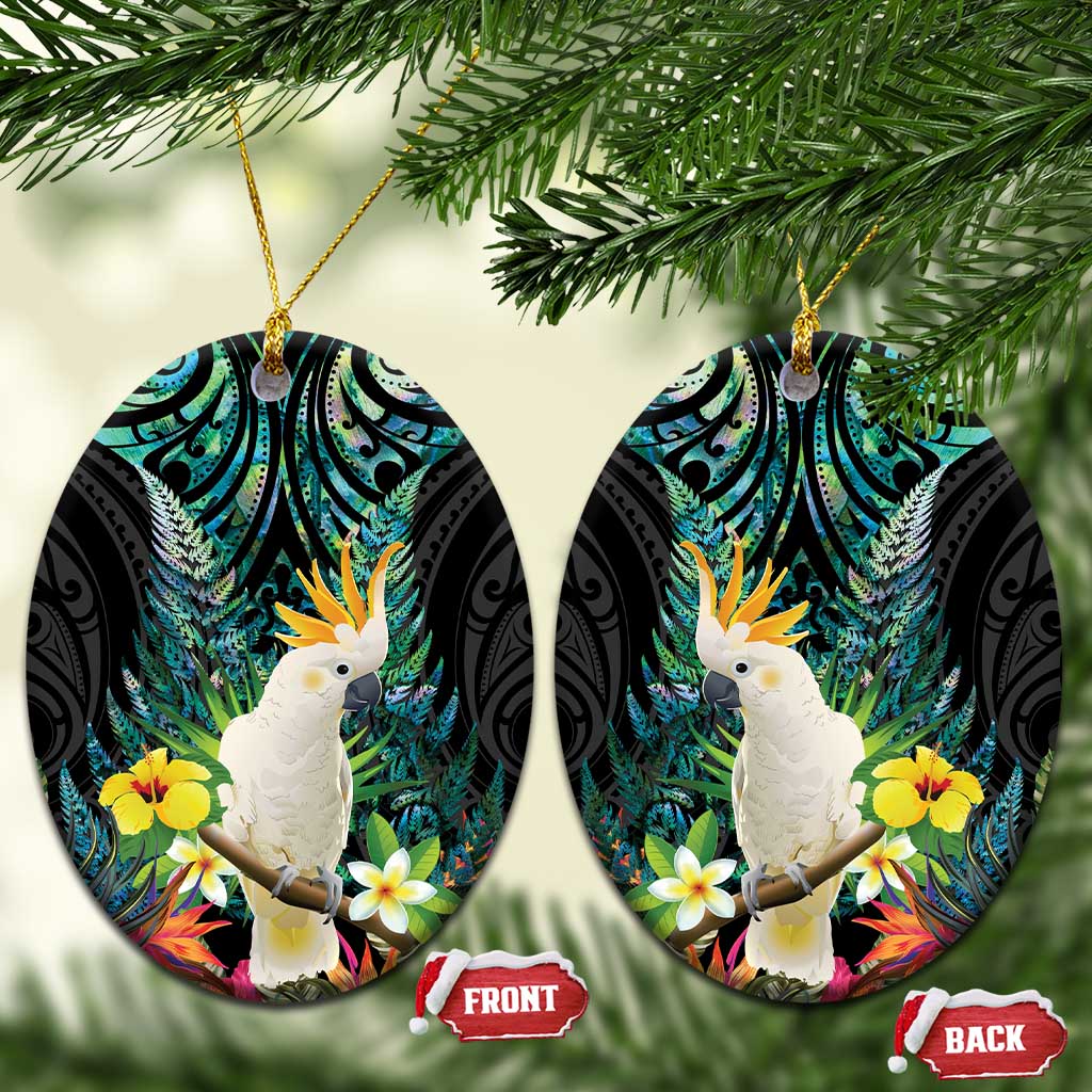 Sulphur-crested Cockatoo New Zealand Ceramic Ornament Paua Shell Aotearoa Maori Tropical Flowers - Polynesian Pride