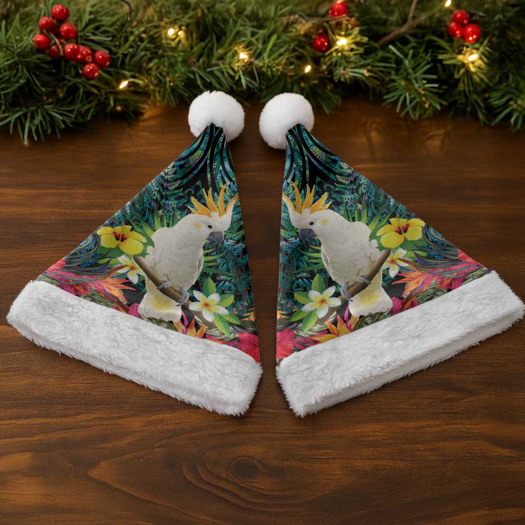 Sulphur-crested Cockatoo New Zealand Christmas Santa Hat Paua Shell Aotearoa Maori Tropical Flowers - Polynesian Pride